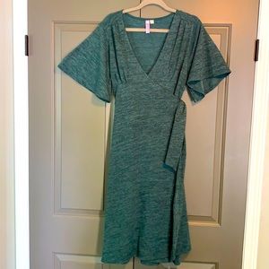 Green Knit Wrap Dress with subtle silver threads